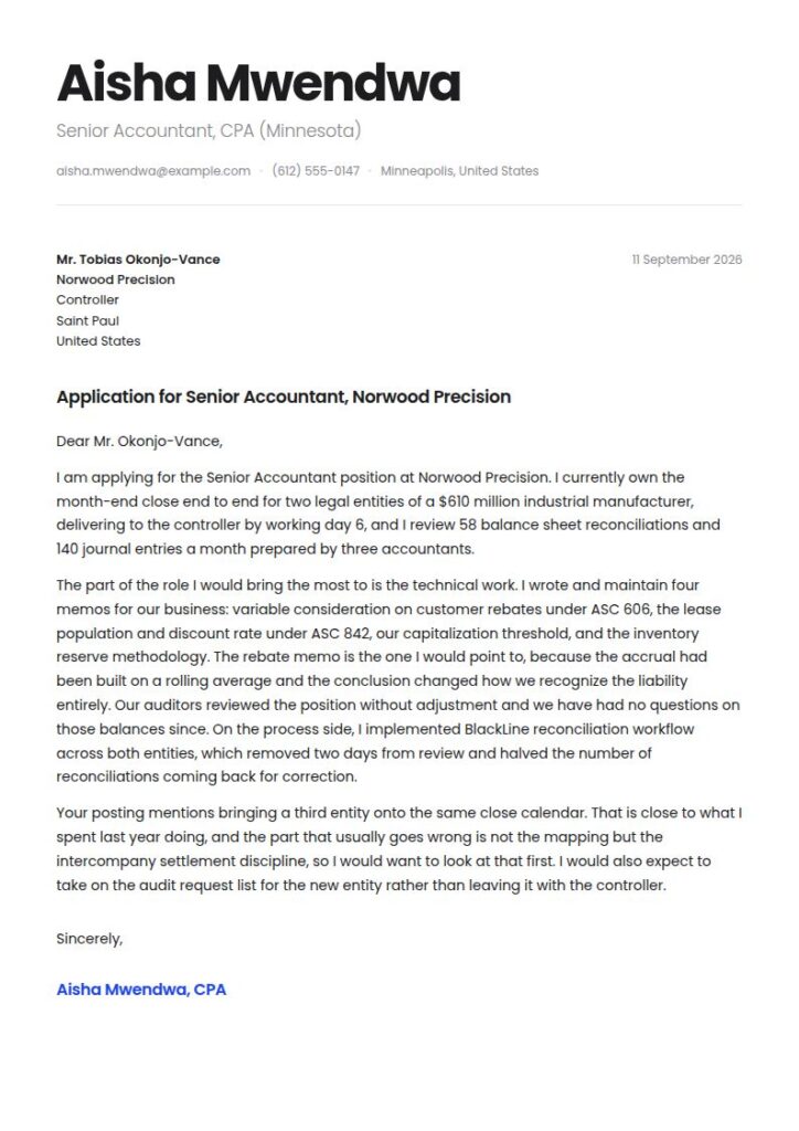 Senior Accountant Cover Letter Examples & Templates