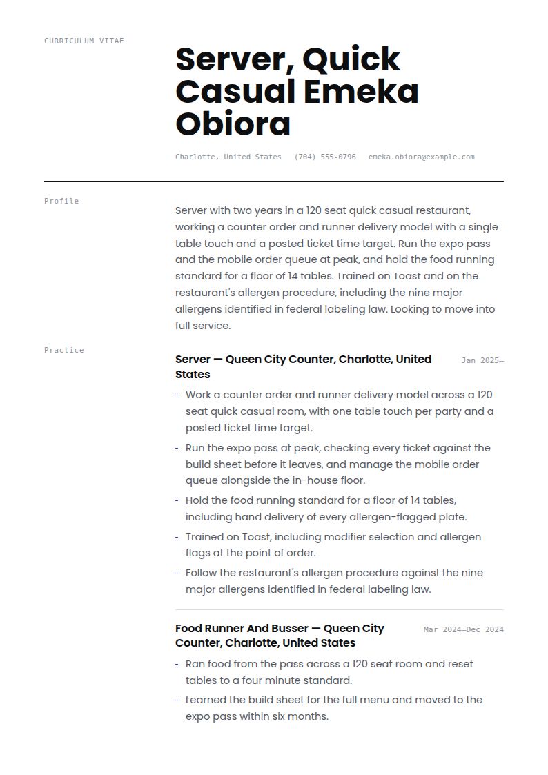 Server Resume Examples & Templates