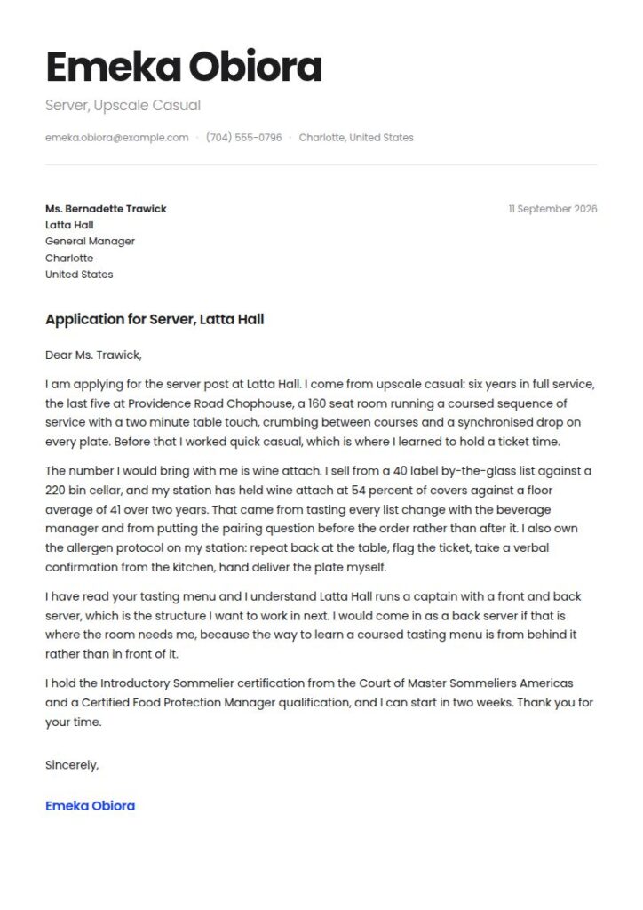 Server Cover Letter Examples & Templates