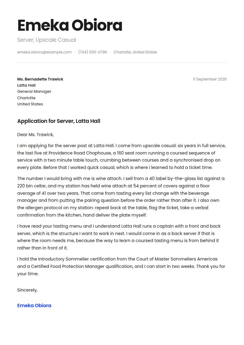 Server Cover Letter Examples & Templates
