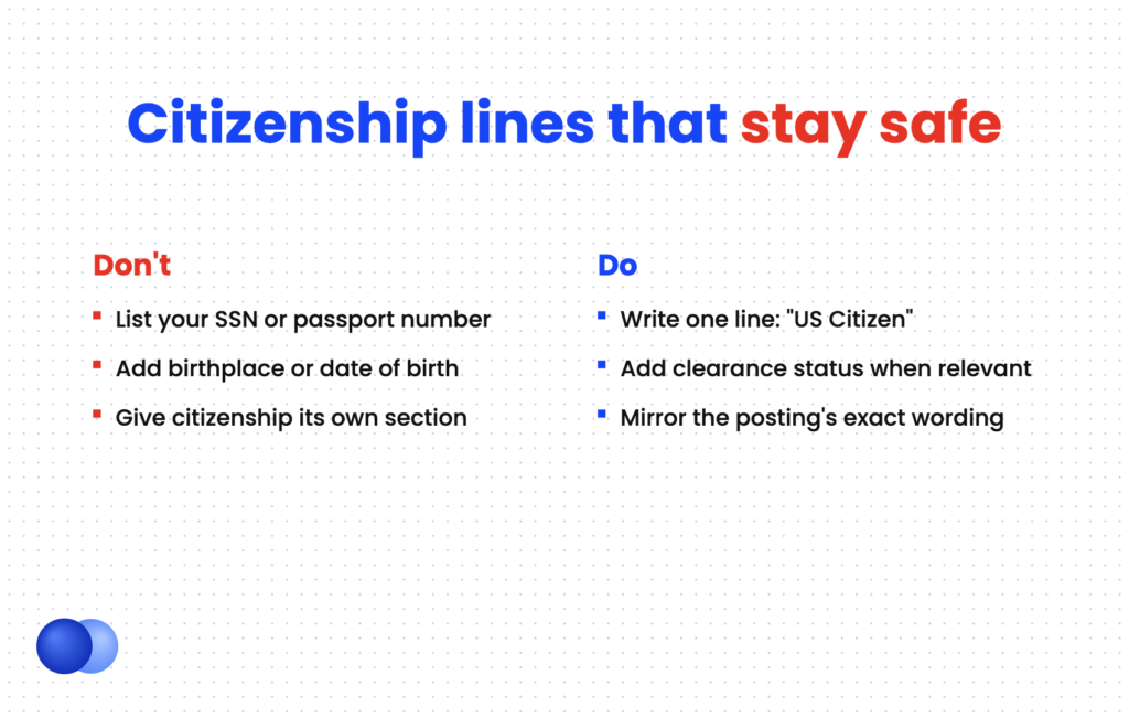 Do and don't comparison for listing US citizen on a resume safely