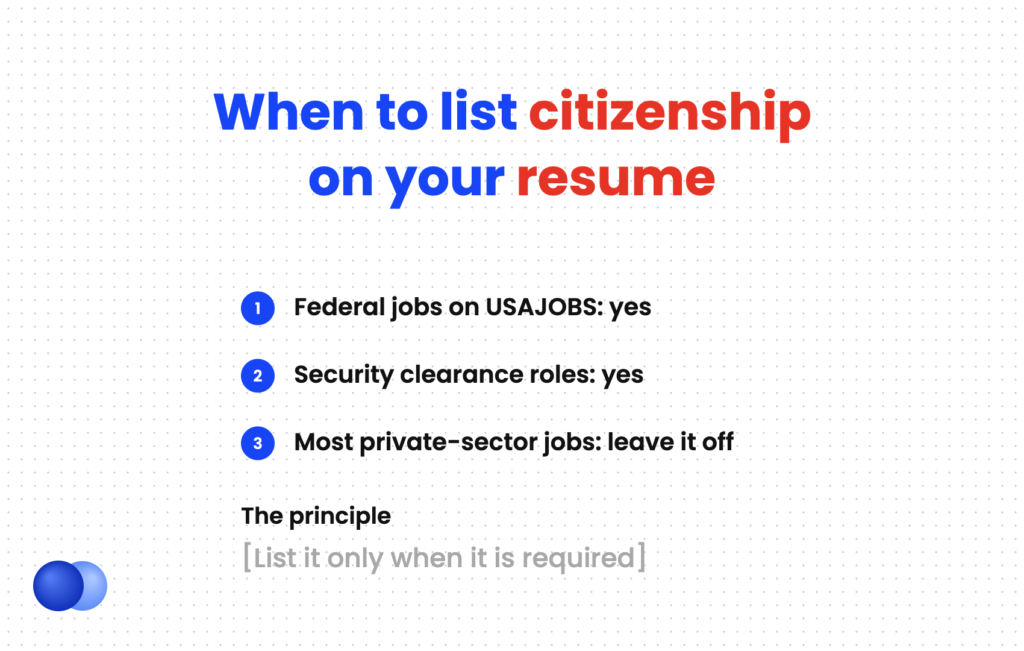 Decision rule for when to put US citizen on a resume by job type