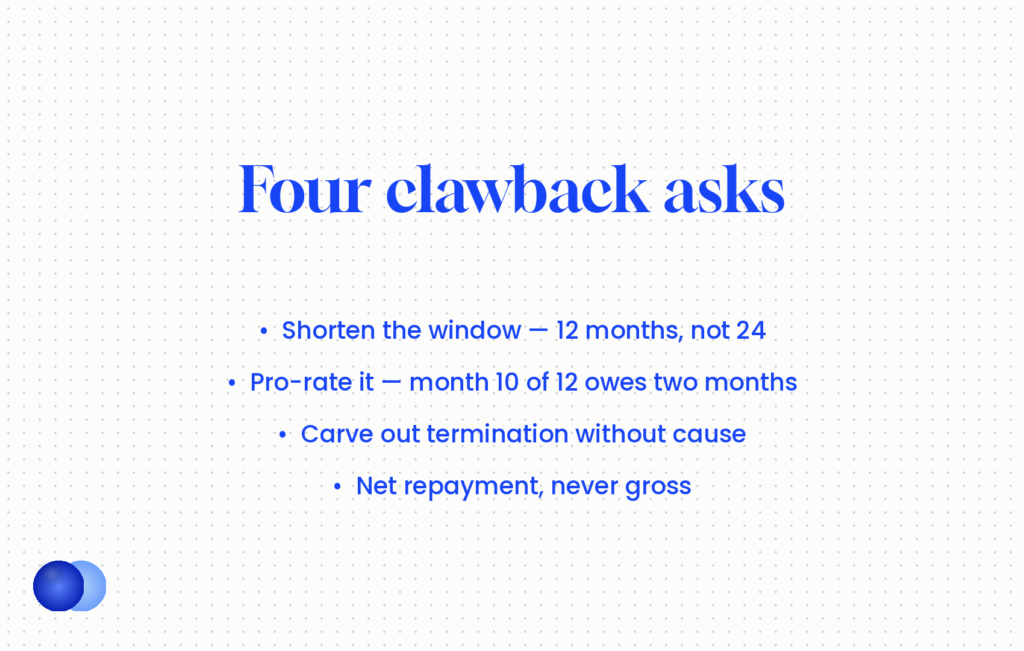 Four negotiable clawback terms on a signing bonus