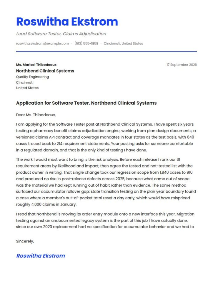 Software Tester Cover Letter Examples & Templates