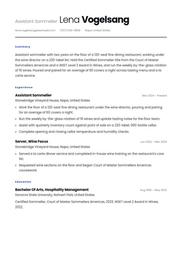 Sommelier Resume Examples & Templates