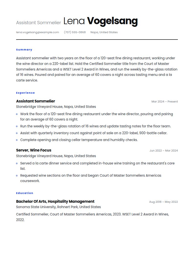 Sommelier Resume Examples & Templates