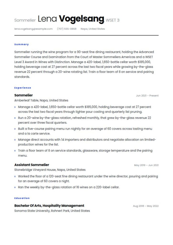 Sommelier Resume Examples & Templates