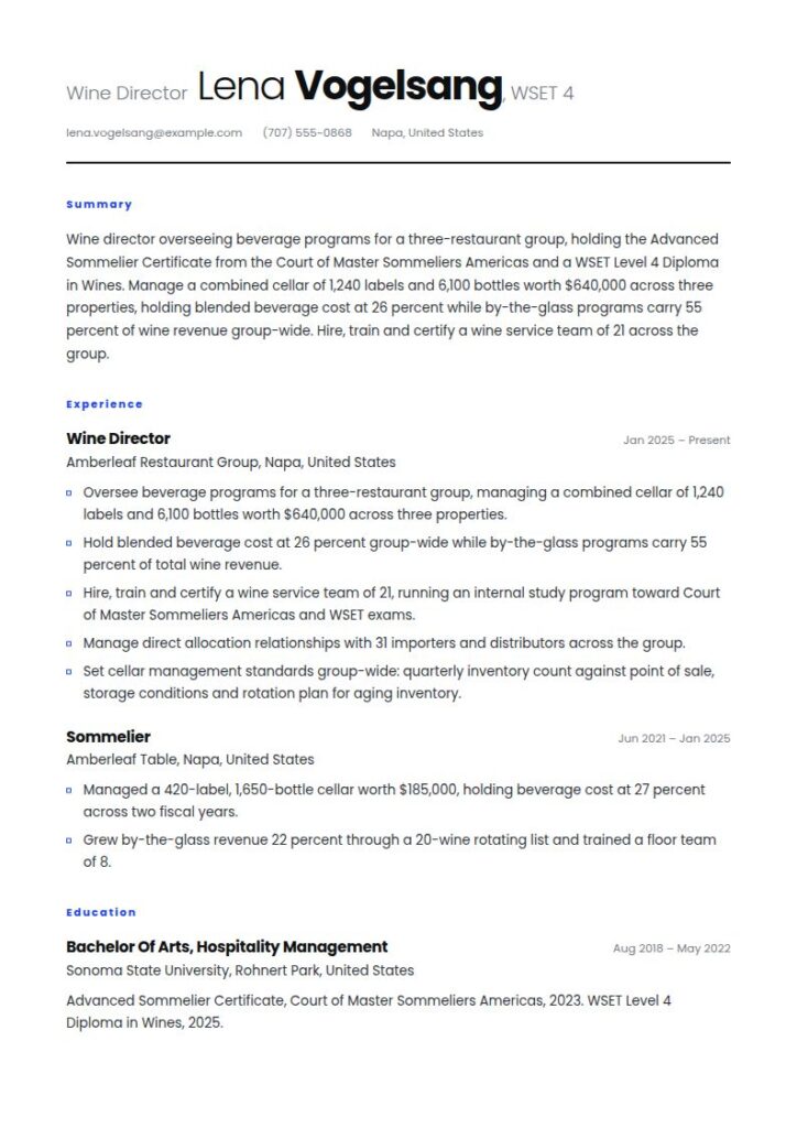 Sommelier Resume Examples & Templates