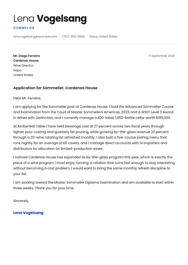 Sommelier Cover Letter Examples & Templates