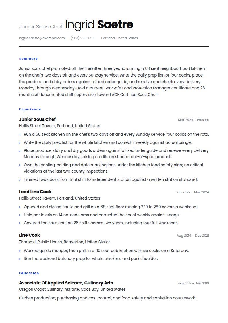 Sous Chef Resume Examples & Templates