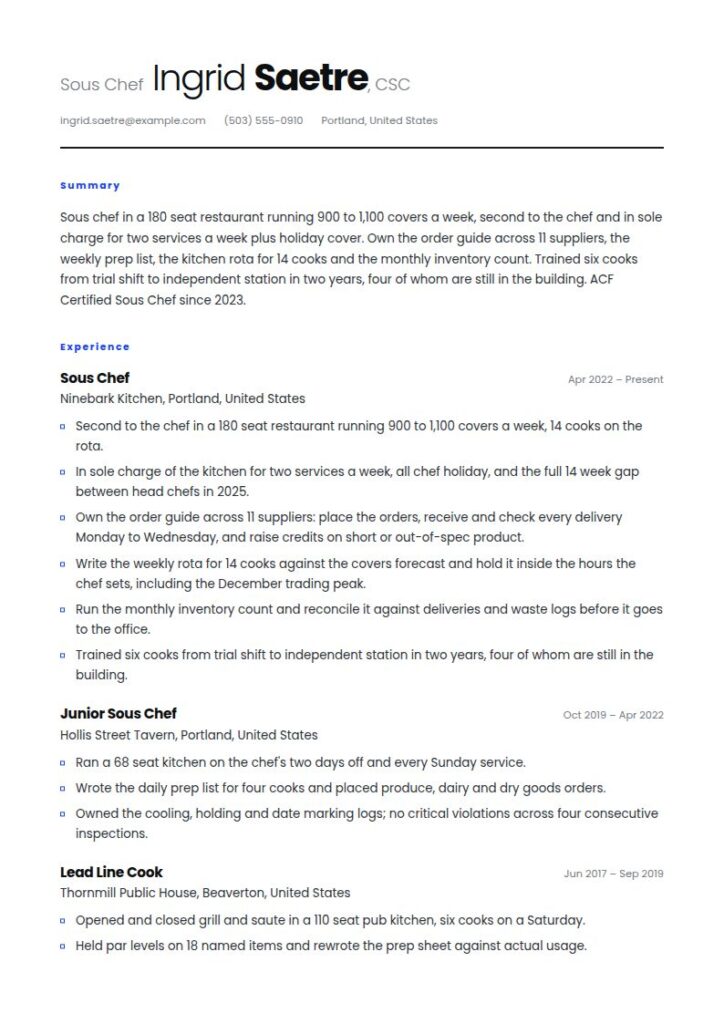 Sous Chef Resume Examples & Templates