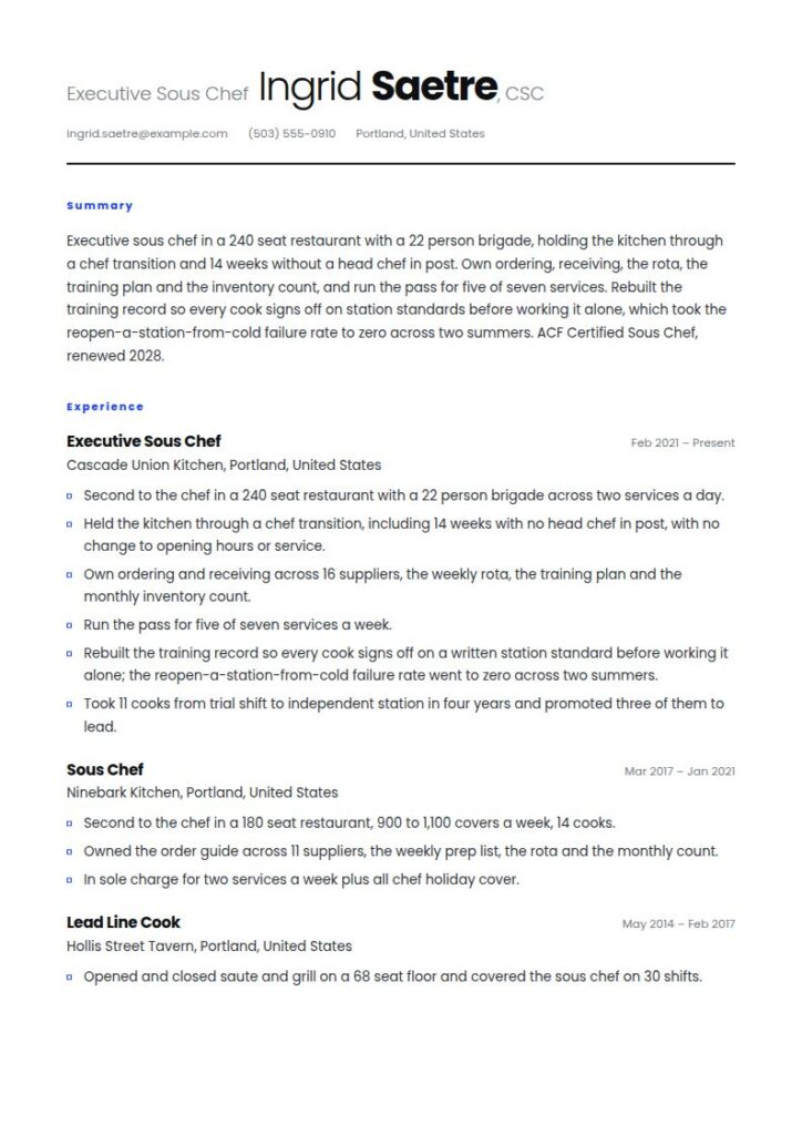Sous Chef Resume Examples & Templates