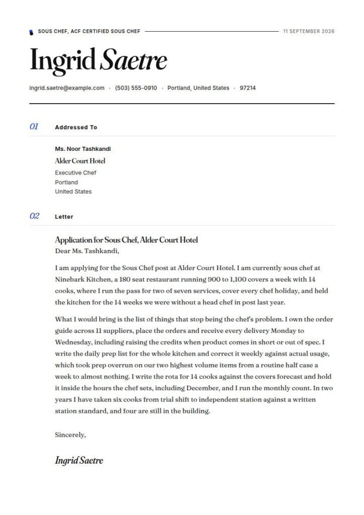 Sous Chef Cover Letter Examples & Templates