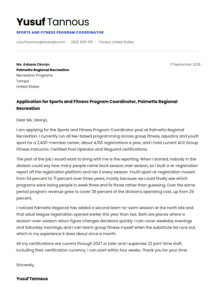 Sports and Fitness Cover Letter Examples & Templates