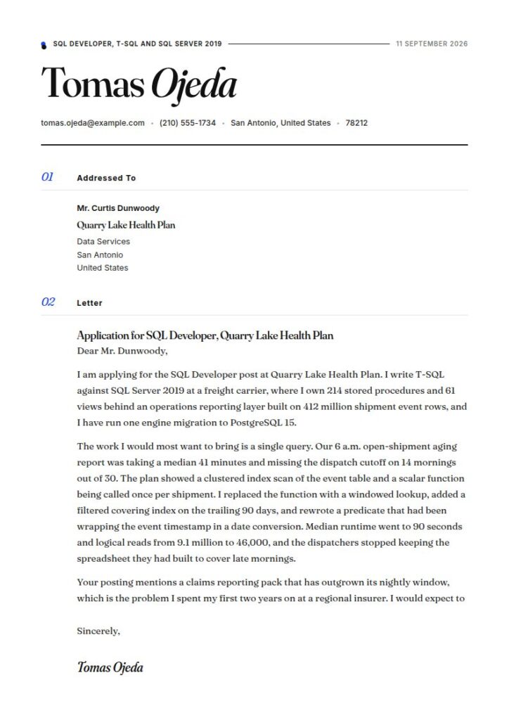 SQL Developer Cover Letter Examples & Templates