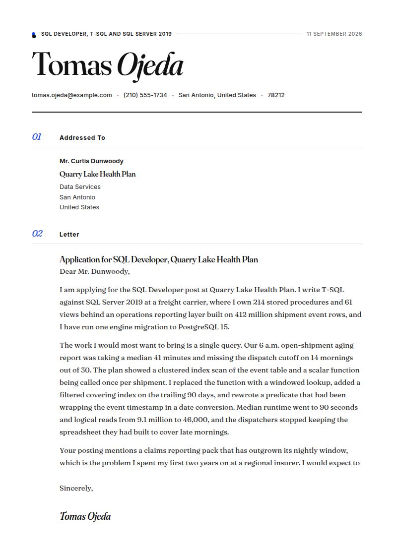 SQL Developer Cover Letter Examples & Templates