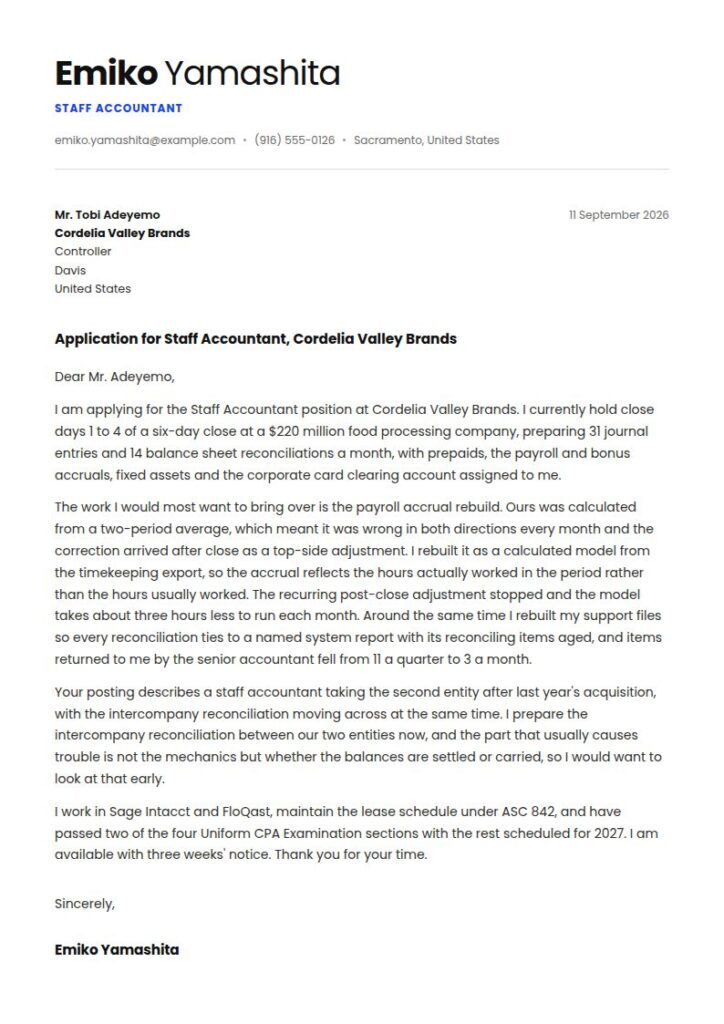 Staff Accountant Cover Letter Examples & Templates