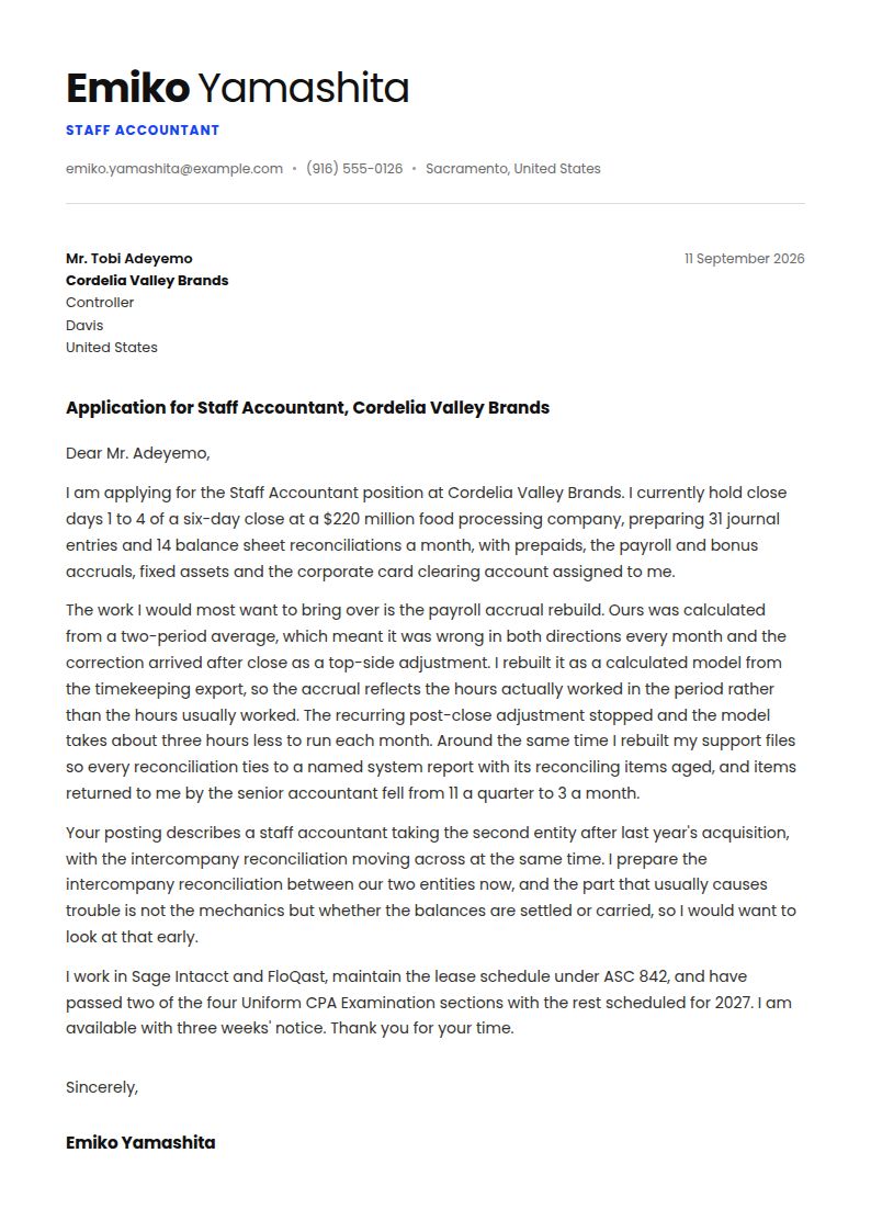 Staff Accountant Cover Letter Examples & Templates
