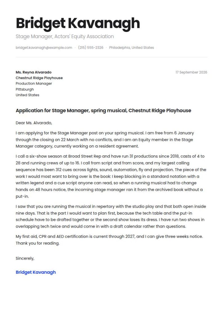 Stage Manager Cover Letter Examples & Templates