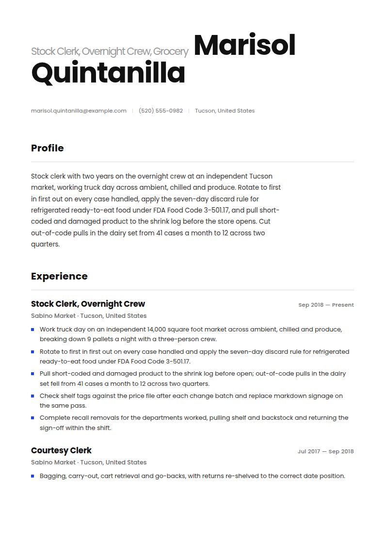 Stock Clerk Resume Examples & Templates