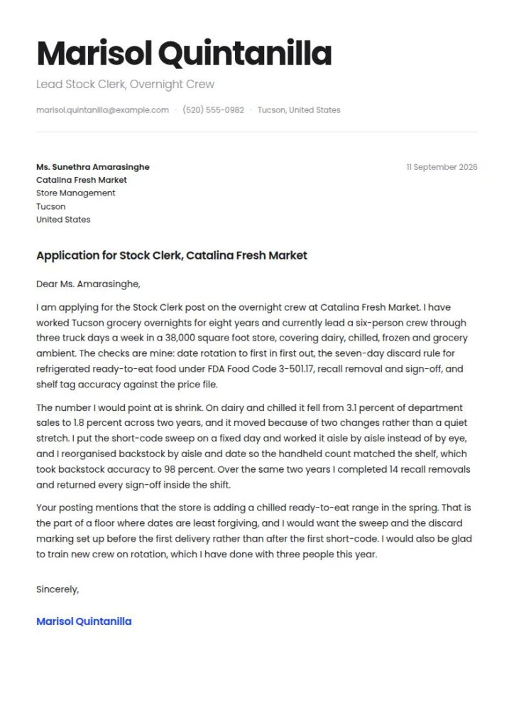 Stock Clerk Cover Letter Examples & Templates