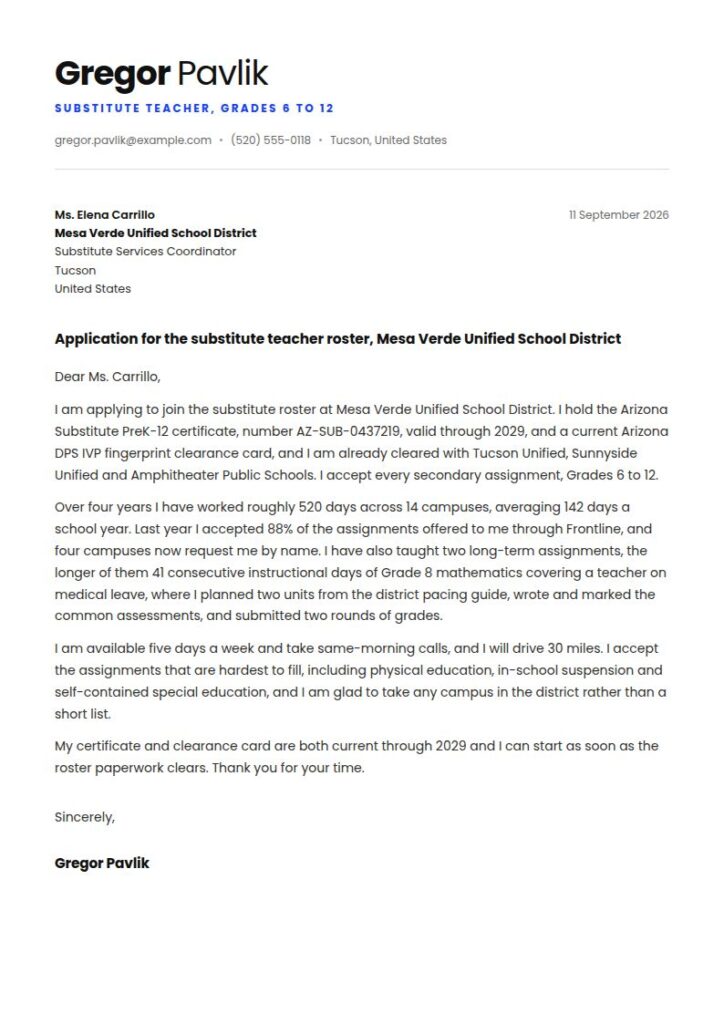Substitute Teacher Cover Letter Examples & Templates