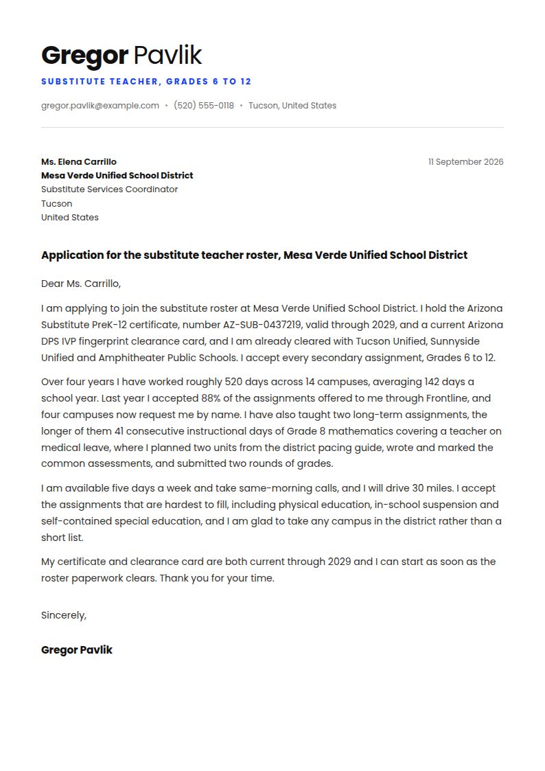 Substitute Teacher Cover Letter Examples & Templates