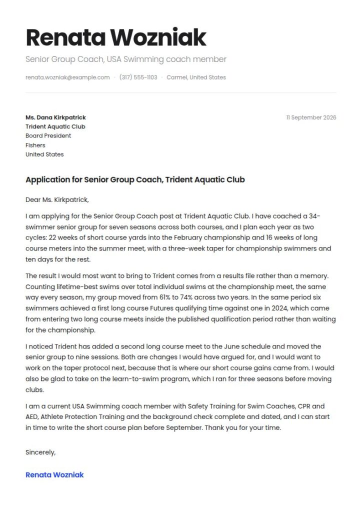 Swimming Coach Cover Letter Examples & Templates