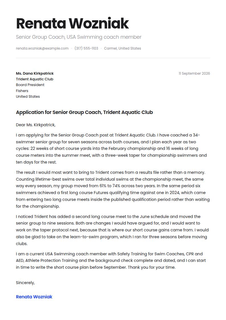 Swimming Coach Cover Letter Examples & Templates
