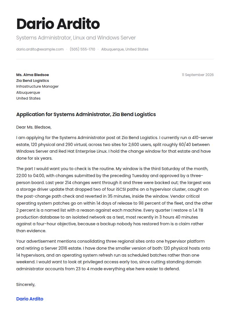 System Administrator Cover Letter Examples & Templates