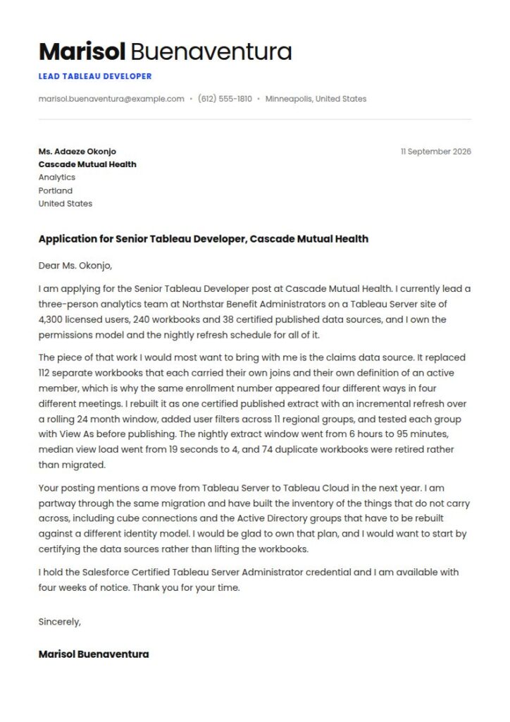 Tableau Developer Cover Letter Examples & Templates