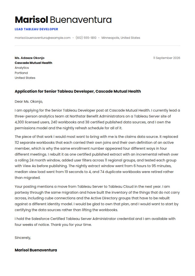 Tableau Developer Cover Letter Examples & Templates