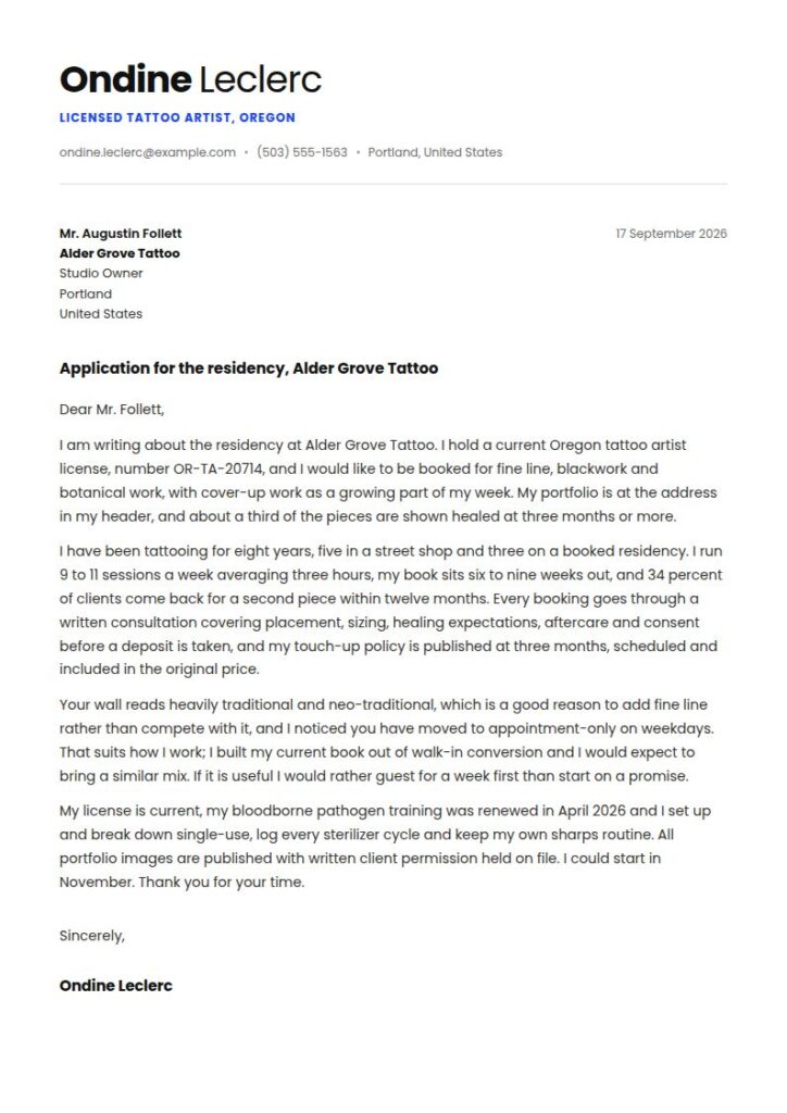 Tattoo Artist Cover Letter Examples & Templates