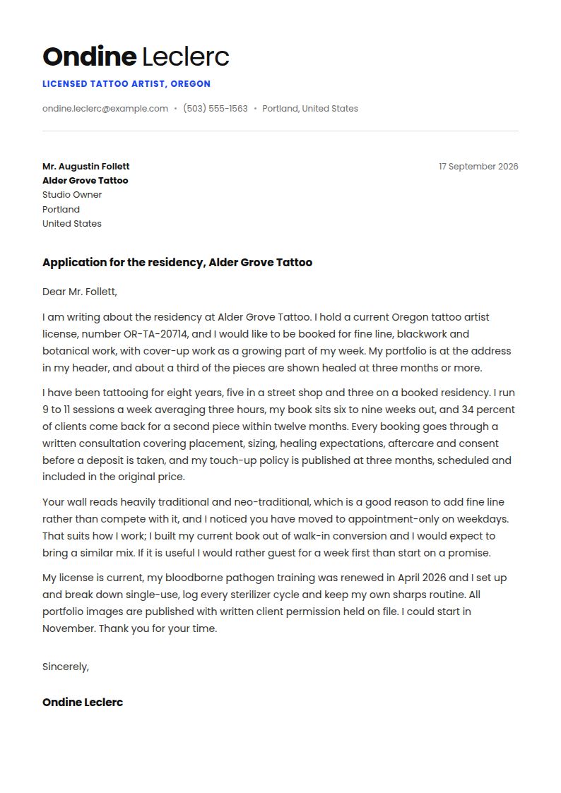 Tattoo Artist Cover Letter Examples & Templates