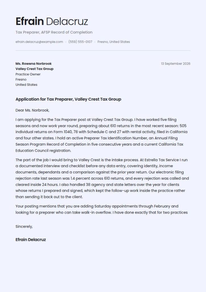 Tax Preparer Cover Letter Examples & Templates