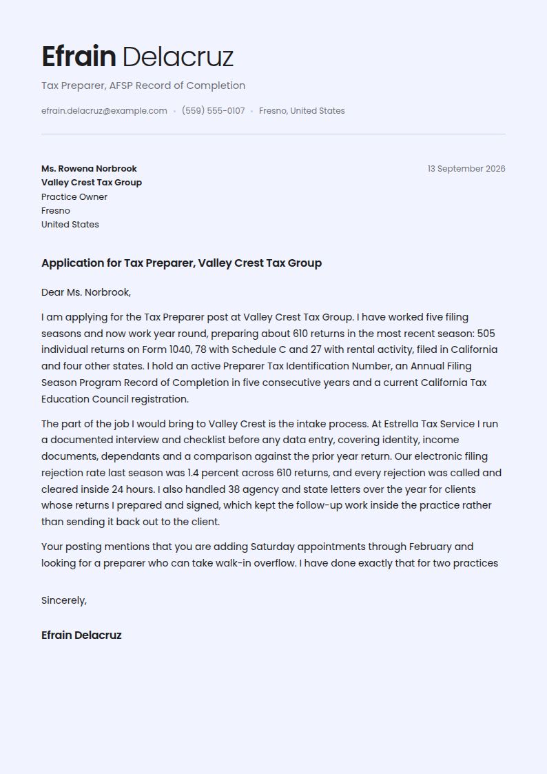 Tax Preparer Cover Letter Examples & Templates