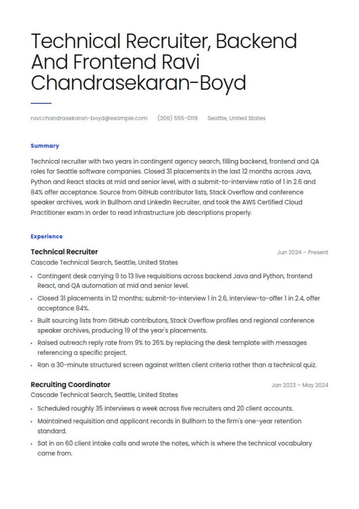 Technical Recruiter Resume Examples & Templates