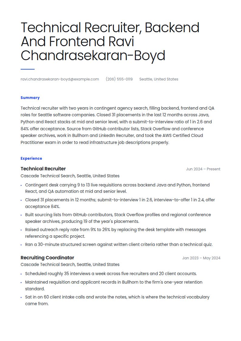 Technical Recruiter Resume Examples & Templates