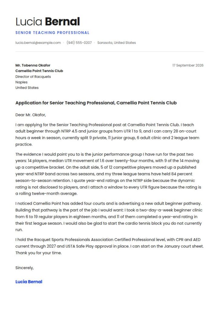 Tennis Coach Cover Letter Examples & Templates