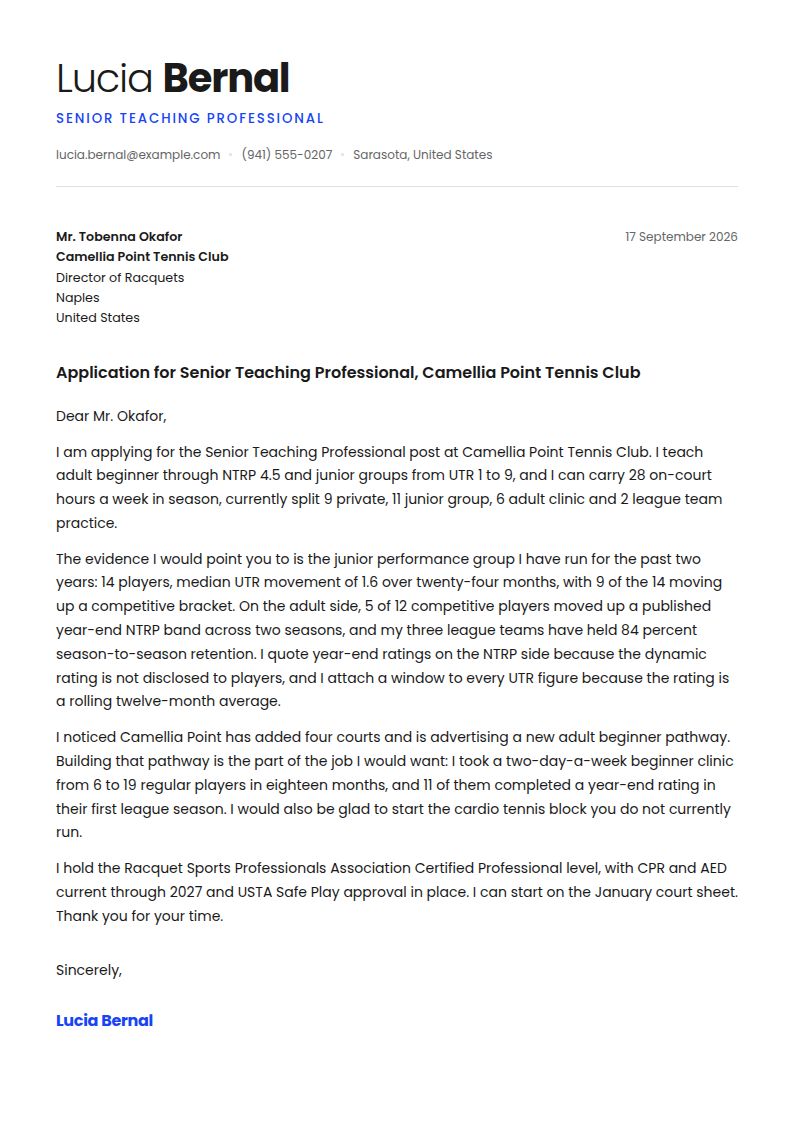 Tennis Coach Cover Letter Examples & Templates