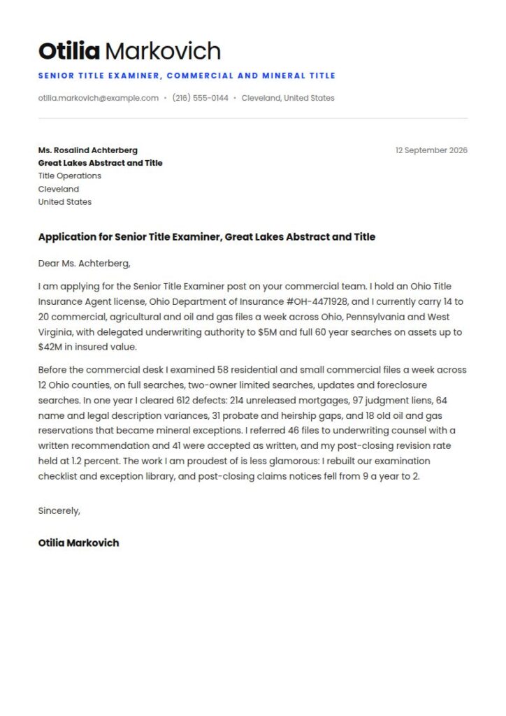 Title Examiner Cover Letter Examples & Templates