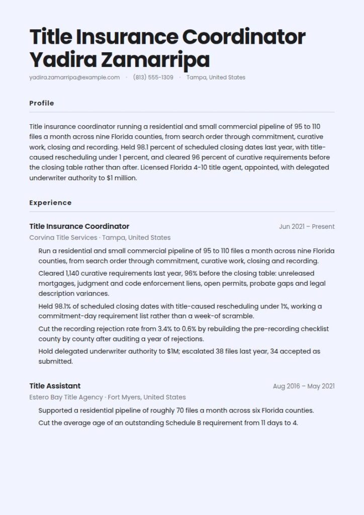 Title Insurance Coordinator Resume Examples & Templates