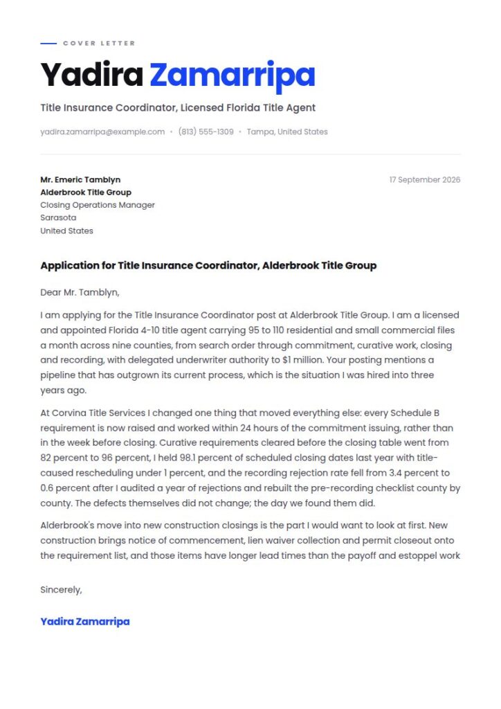 Title Insurance Coordinator Cover Letter Examples & Templates