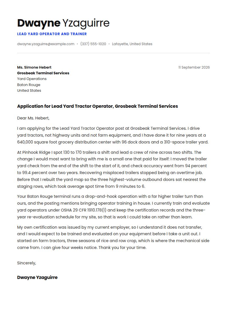 Tractor Driver Cover Letter Examples & Templates