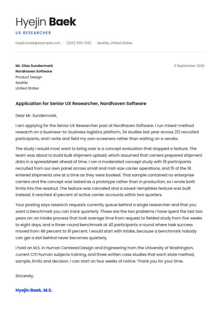 UX Researcher Cover Letter Examples & Templates
