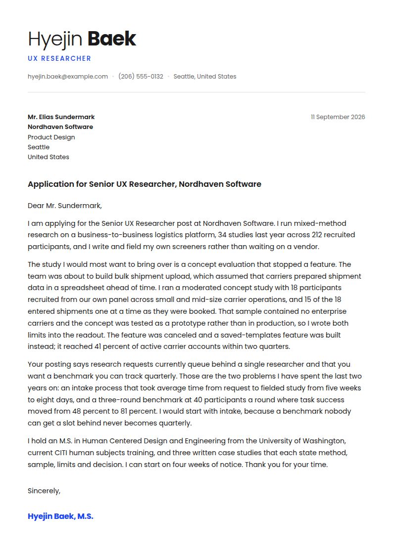 UX Researcher Cover Letter Examples & Templates