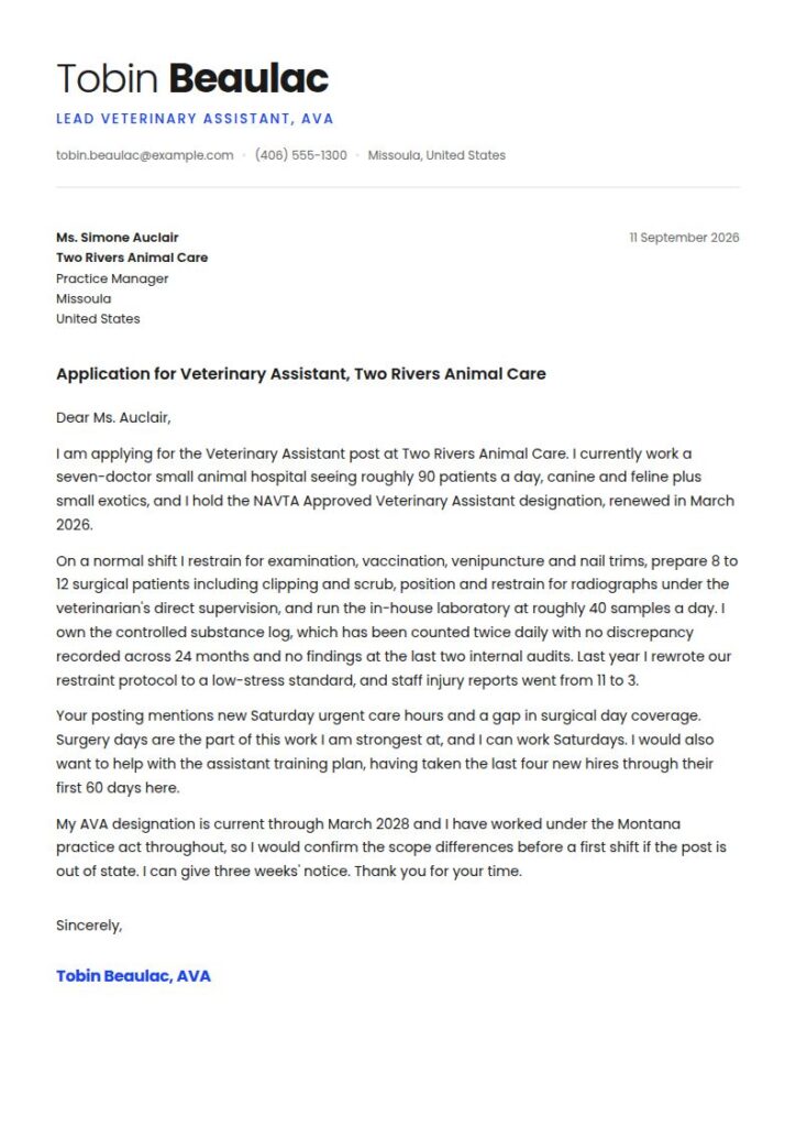 Veterinary Assistant Cover Letter Examples & Templates