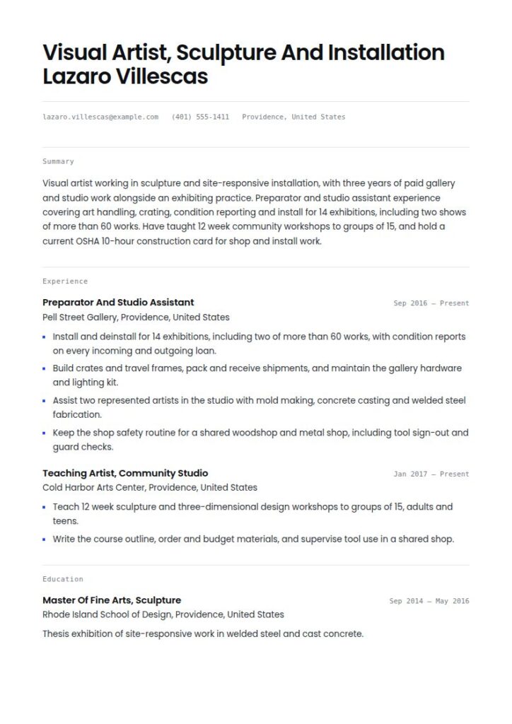 Visual Artist Resume Examples & Templates