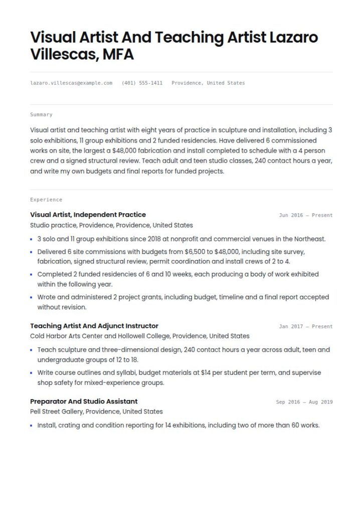 Visual Artist Resume Examples & Templates