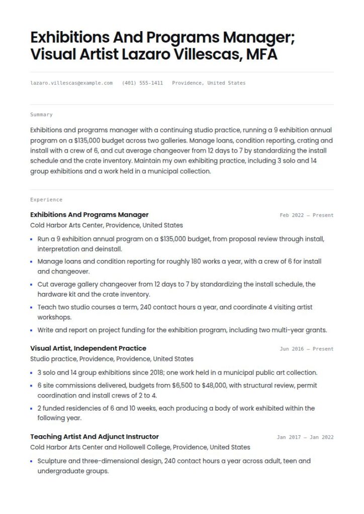 Visual Artist Resume Examples & Templates